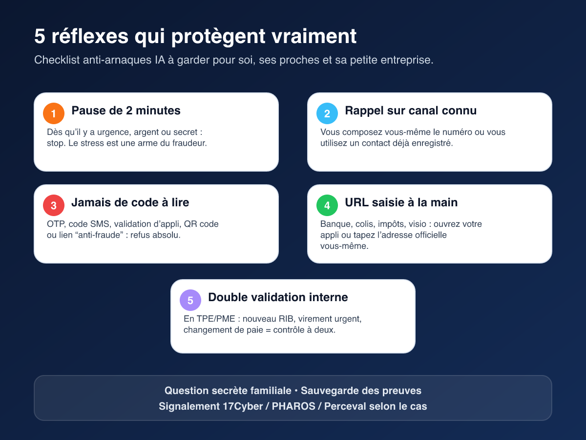 Checklist de cinq réflexes concrets pour se protéger des arnaques par IA, applicable aux particuliers, seniors et petites entreprises