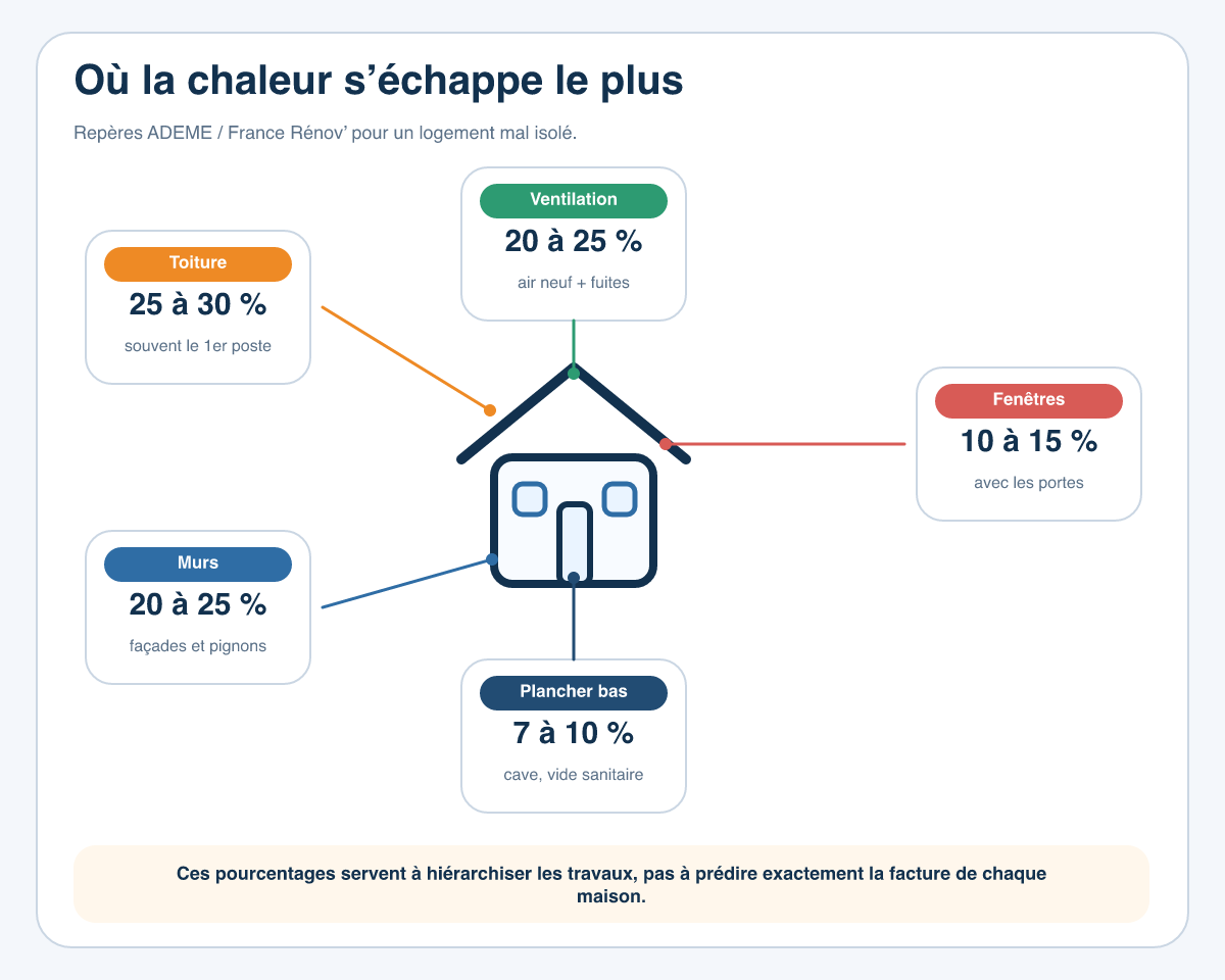 Coupe de maison montrant les déperditions de chaleur indicatives par la toiture, les murs, les fenêtres, le plancher bas et la ventilation.