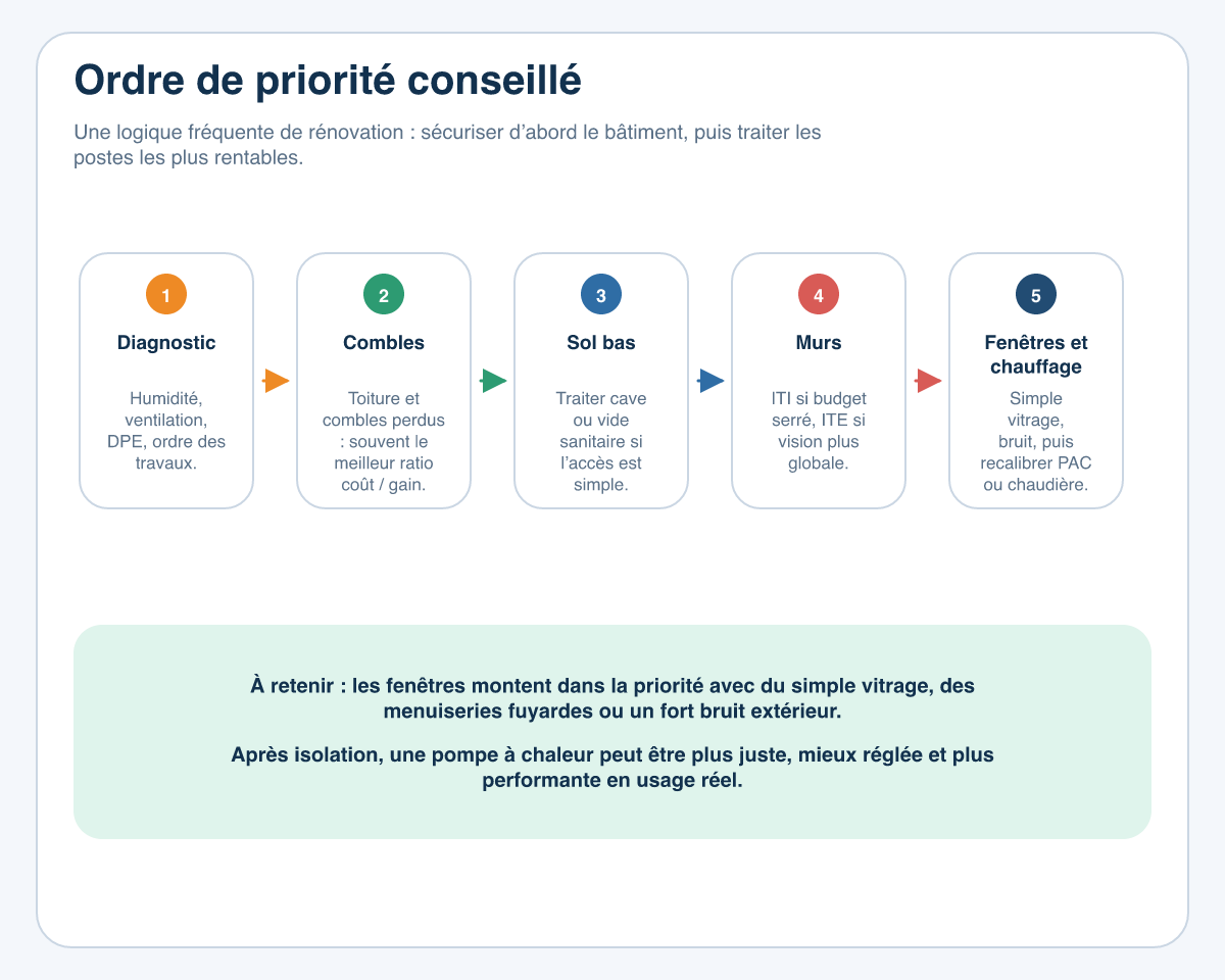 Schéma en cinq étapes montrant l’ordre de priorité conseillé entre diagnostic, combles, plancher bas, murs, fenêtres et chauffage.