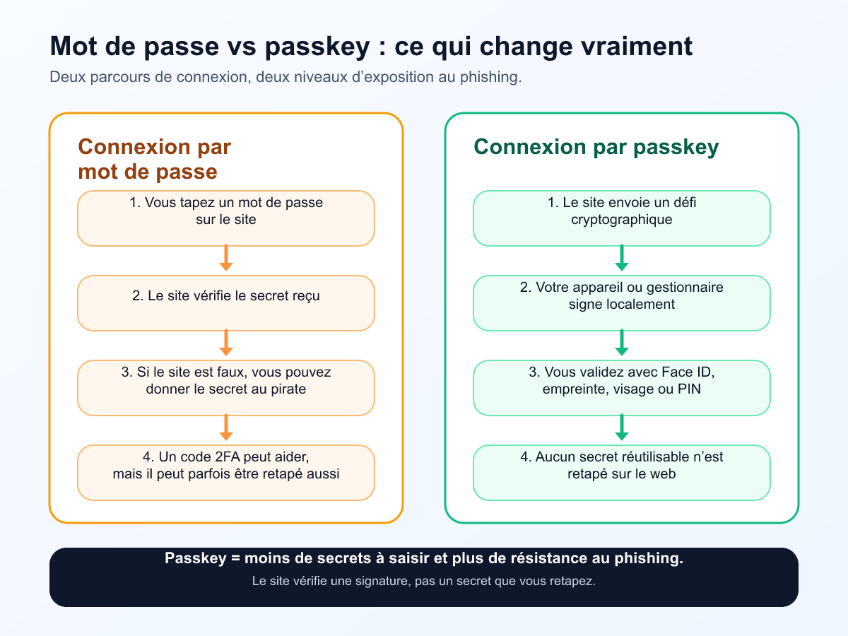 Schéma comparant la connexion par mot de passe, où un secret est saisi puis vérifié par le site, et la connexion par passkey, où l’appareil signe un défi sans révéler de secret réutilisable