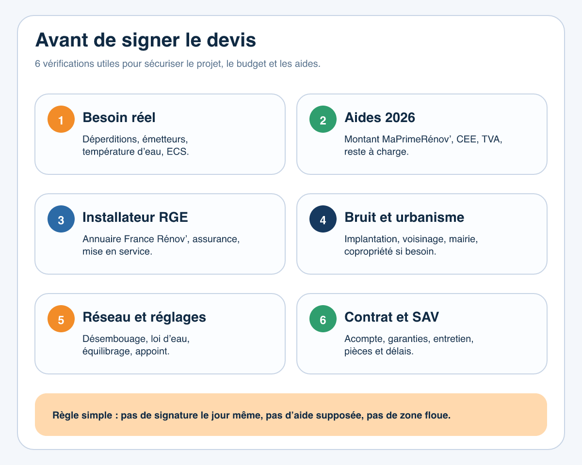 Checklist visuelle d’un projet de pompe à chaleur avec étapes clés avant signature du devis, vérification des aides, du dimensionnement, du bruit, de l’urbanisme et du SAV