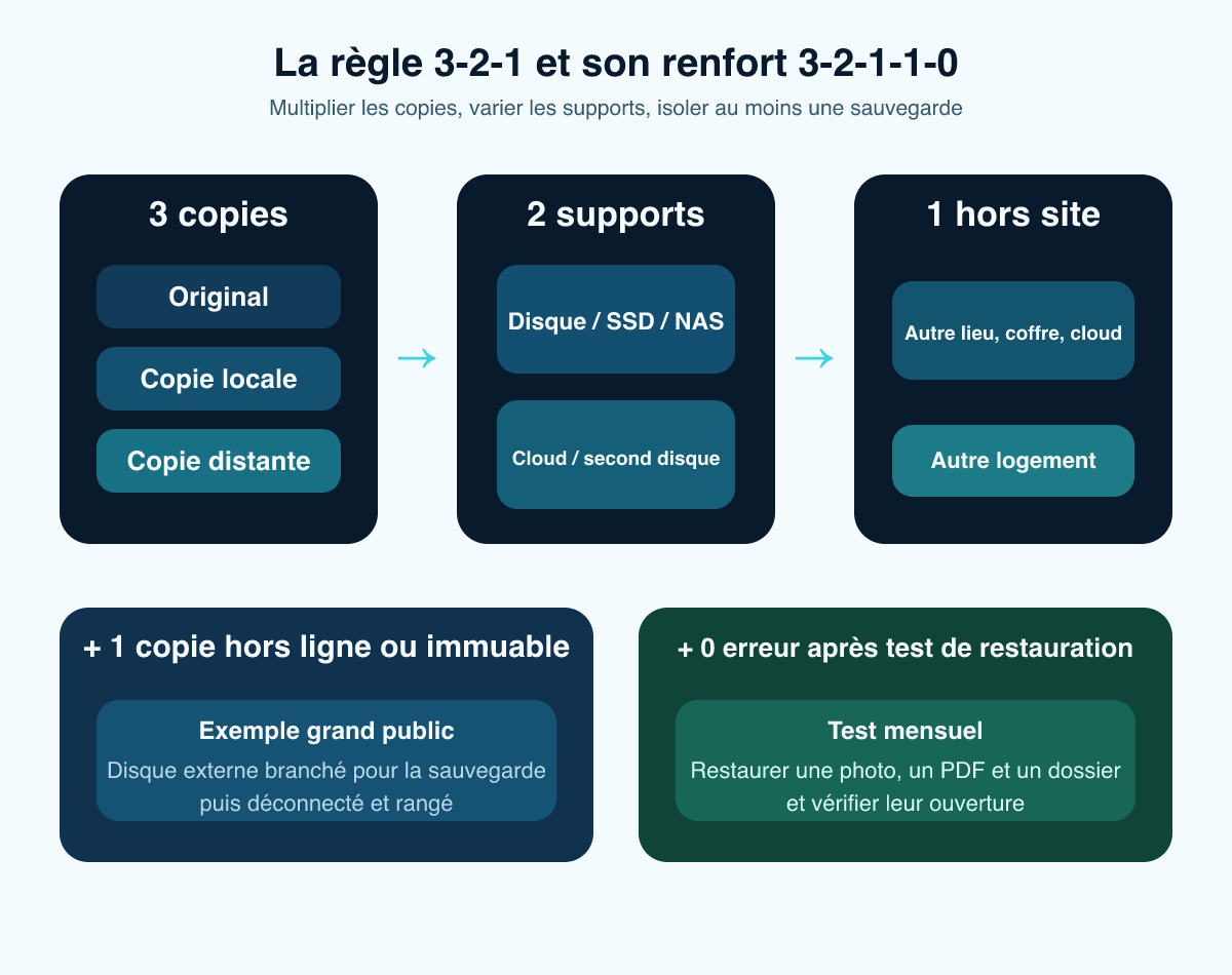 Schéma pédagogique de la règle 3-2-1 et de sa variante 3-2-1-1-0&nbsp;: trois copies, deux supports, une copie hors site, une copie hors ligne ou immuable et zéro erreur après test de restauration