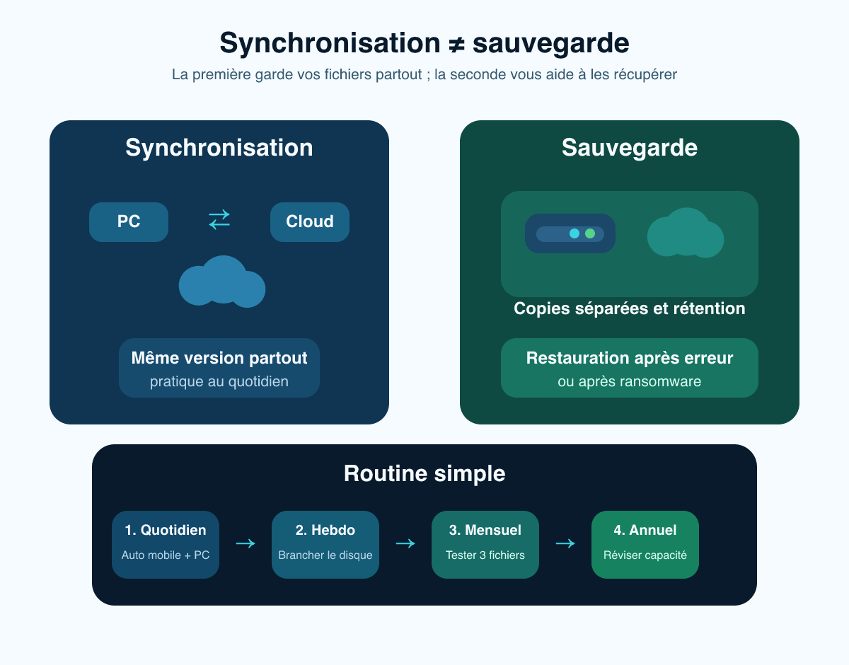Infographie comparant la synchronisation, qui garde les mêmes fichiers partout, et la sauvegarde, qui conserve des copies séparées et testées, avec une routine simple en quatre étapes