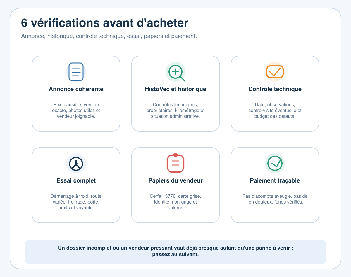Checklist visuelle des vérifications avant d'acheter une voiture d'occasion : annonce, historique HistoVec, contrôle technique, essai, papiers et paiement sécurisé